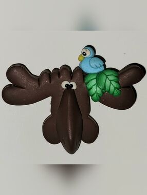 VTG 3D Moose Pin Brooch Whimsical Animal Blue Bird Antlers Matte Brown Novelty